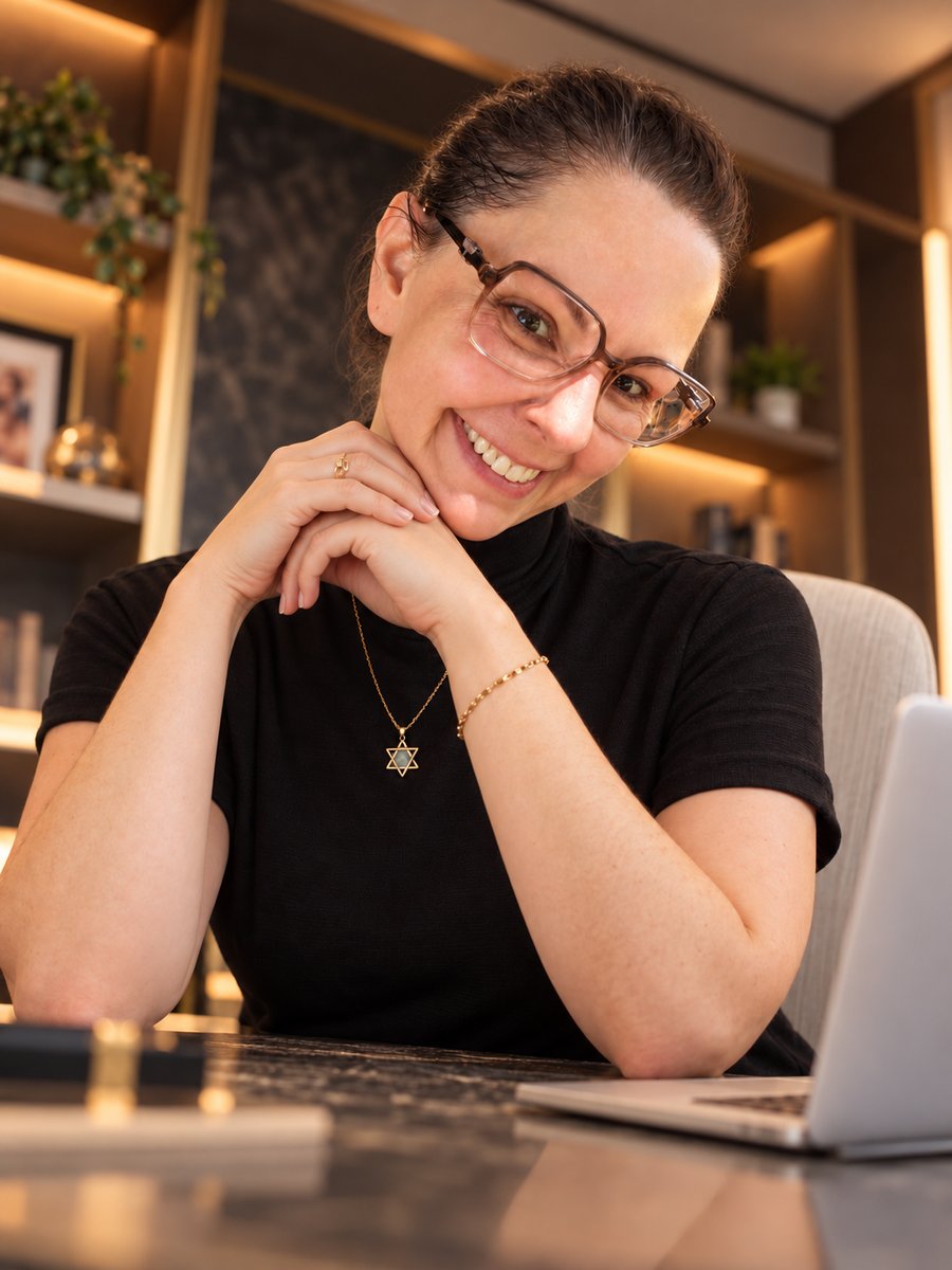 Fabiana Máximo, psicóloga, sorrindo no escritório